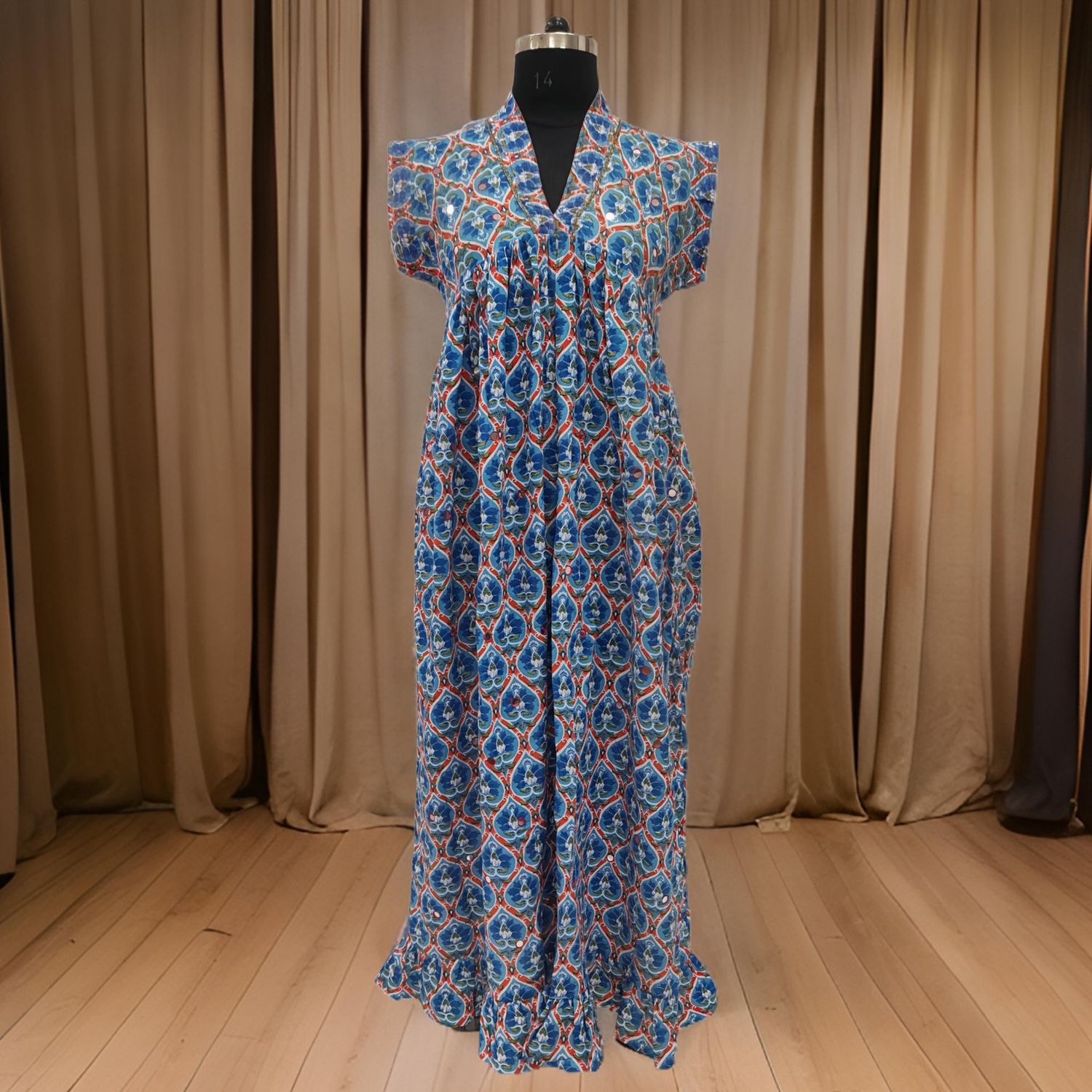 S/M Blue Amani Printed Cotton Dress 57" Short Sleeves Jalabiya