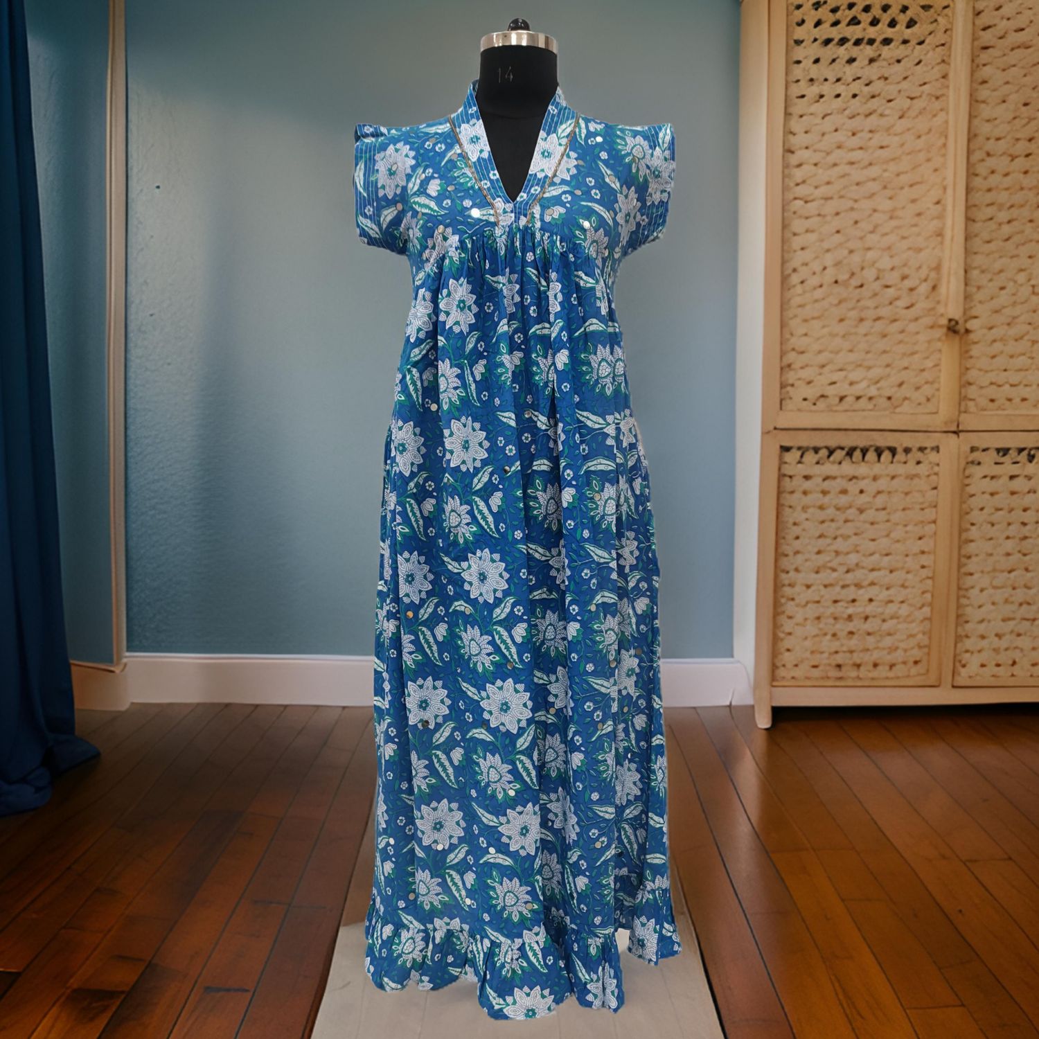 S/M Blue And White Amani Printed Cotton Dress 57'' Long Jalabiya