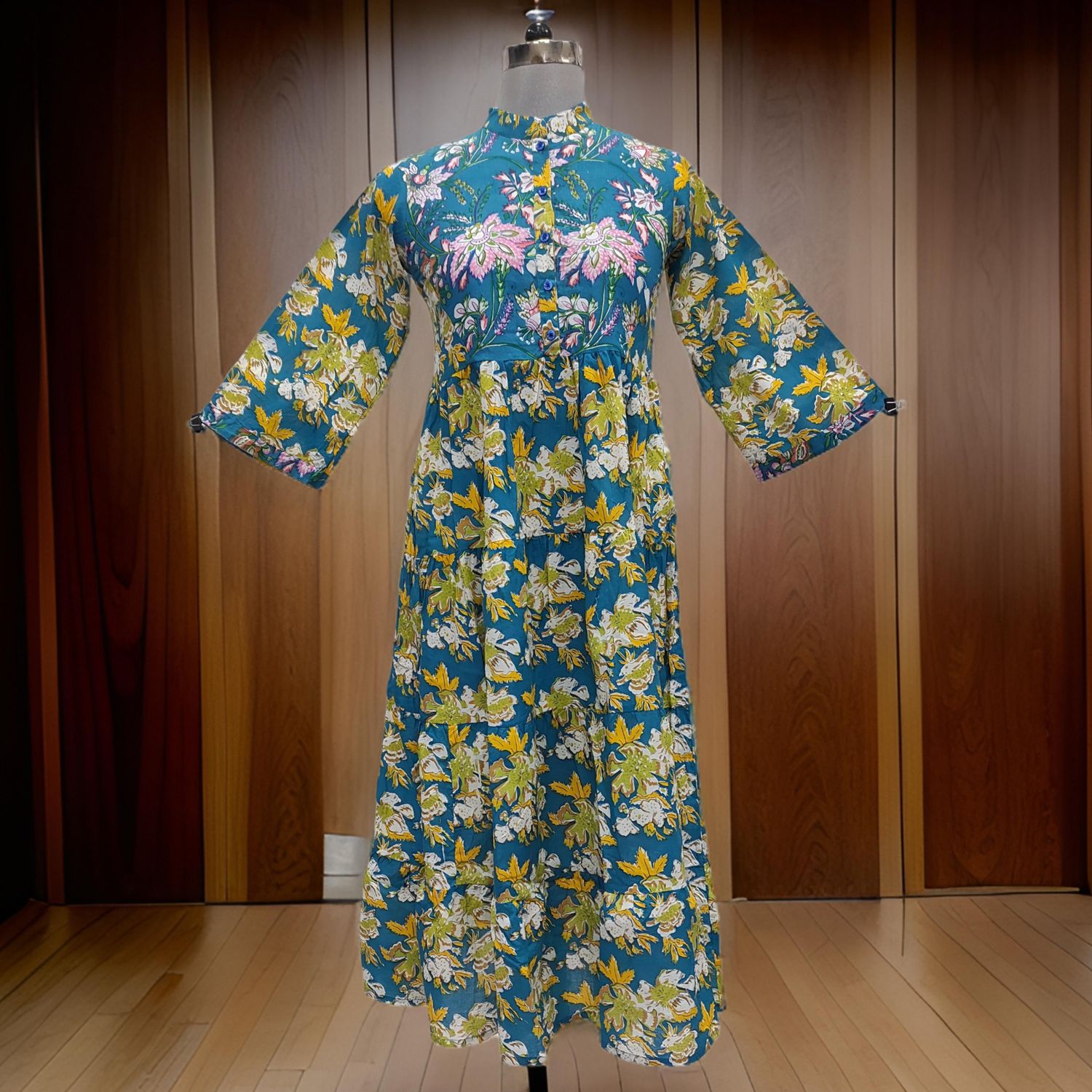 10-11 Year Blue And Yellow Safia Printed Cotton Girls Dress 46" Long Jalabiya