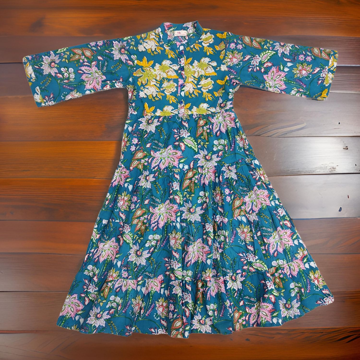 8-9 Year Yellow And Blue Safia Printed Cotton Girls Dress 42" Long Jalabiya