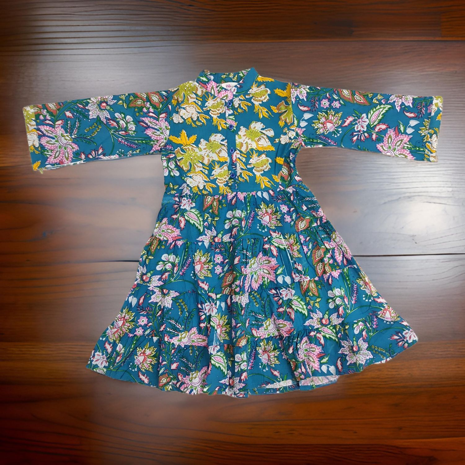 2-3 Year Yellow And Blue Safia Printed Cotton Girls Dress 30" Long Jalabiya