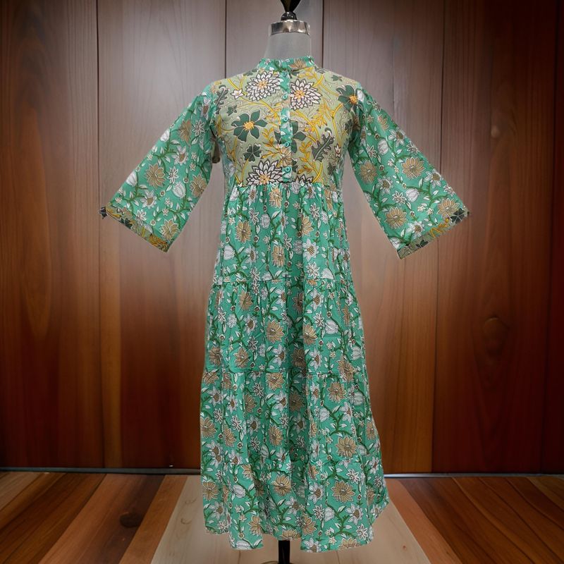 10-11 Year Green And Cyan Safia Printed Cotton Girls Dress 46" Long Jalabiya