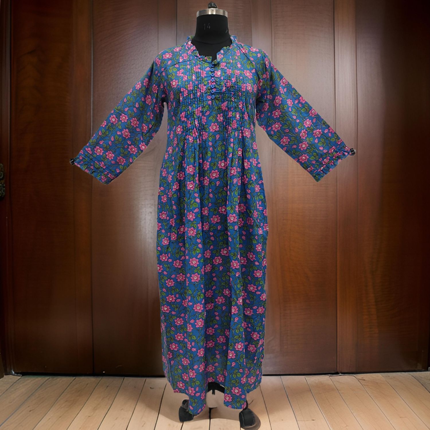 S/M Blue Sparrow Printed Cotton Dress 57" Long Jalabiya