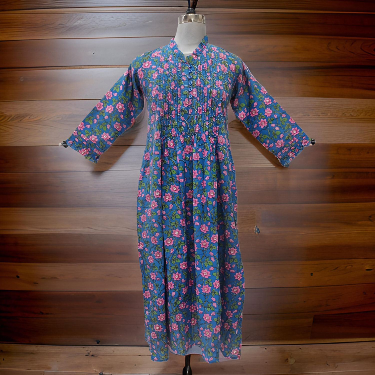 10-11 Year Blue Sparrow Printed Cotton Girls Dress 46" Long Jalabiya