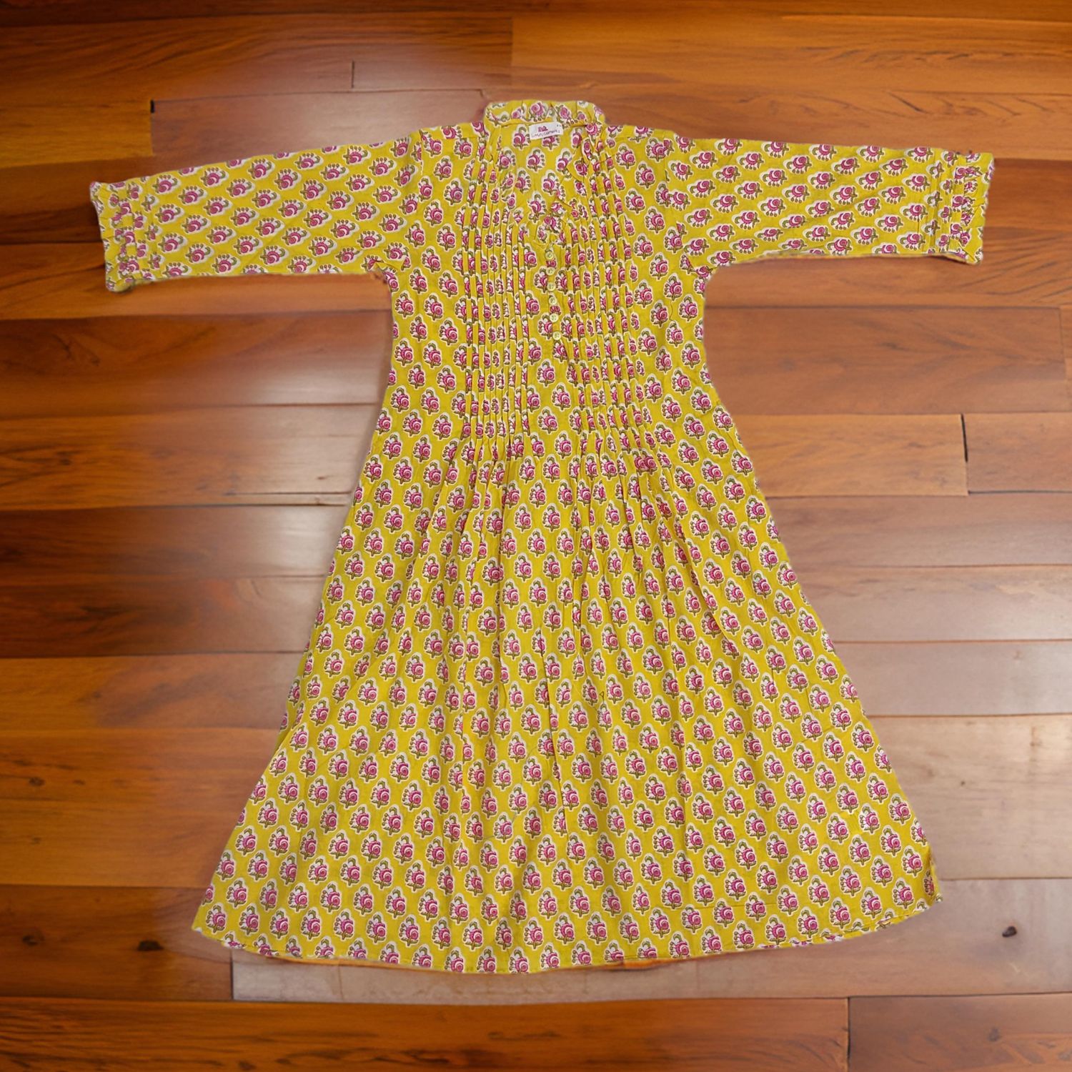 8-9 Year Yellow Sparrow Printed Cotton Girls Dress 42" Long Jalabiya