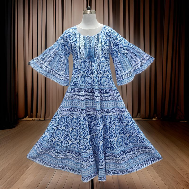2XL/3XL Gaby Blue Printed Cotton Dress 57" Long Jalabiya