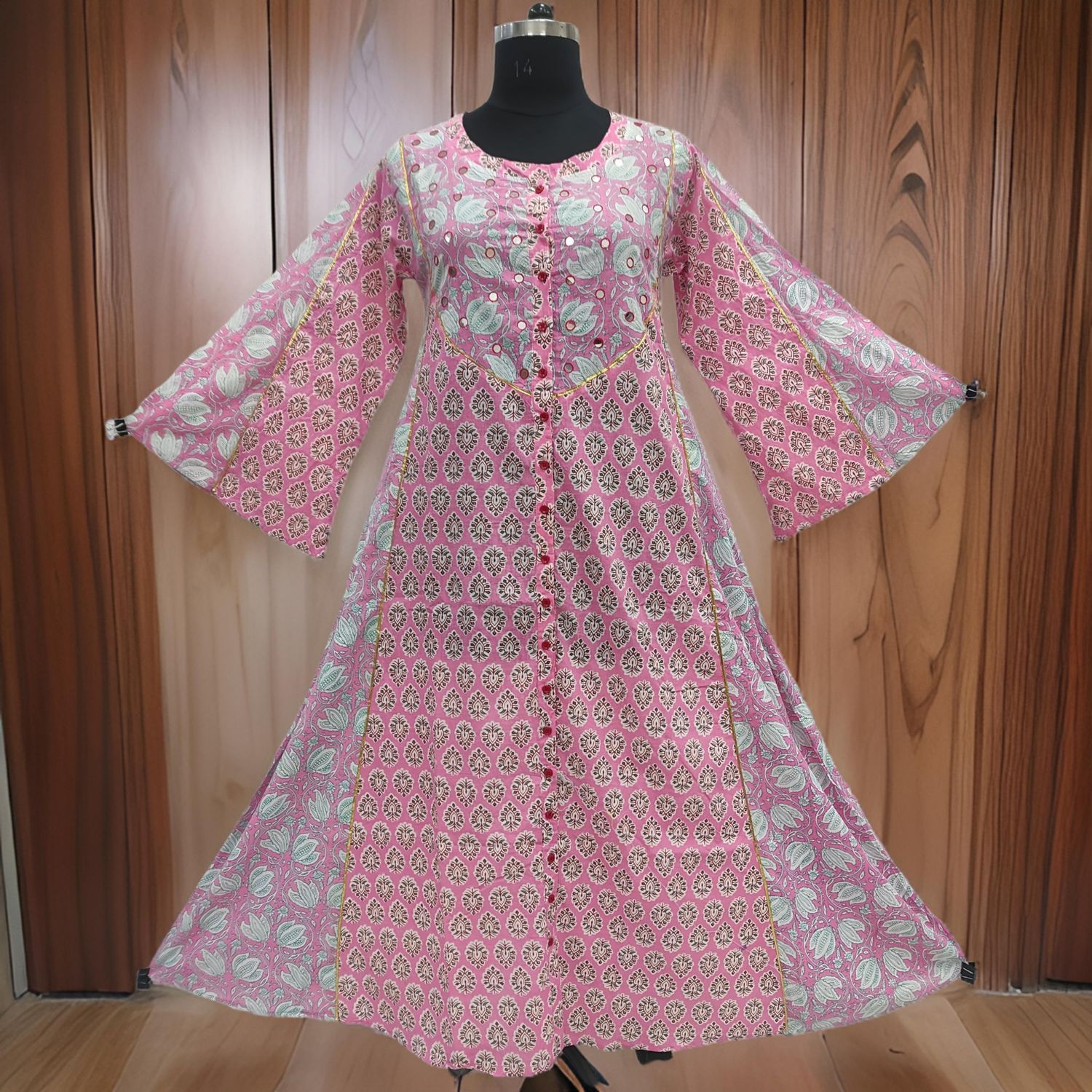 L/XL Lotus Printed Cotton Dress 57" Long Jalabiya