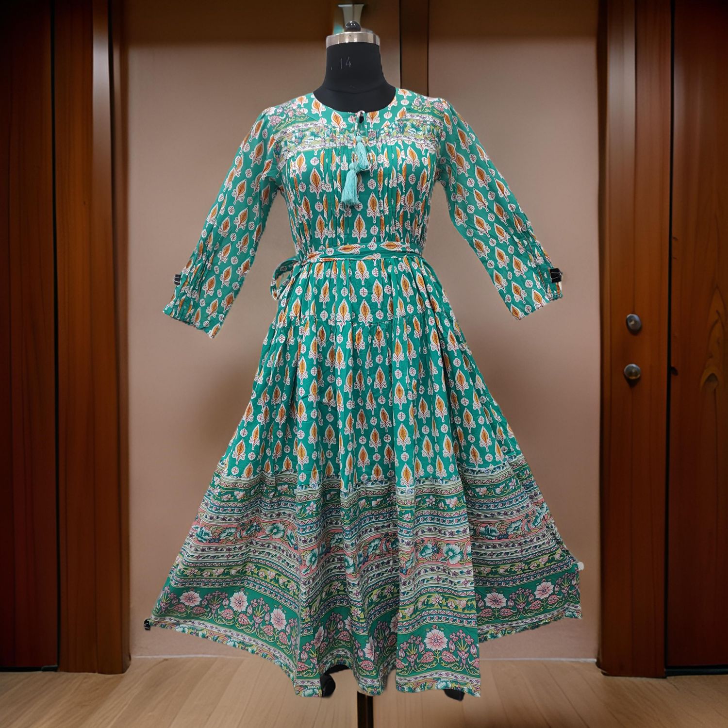 2XL/3XL Abia Green Cotton Dress 57" Long Jalabiya