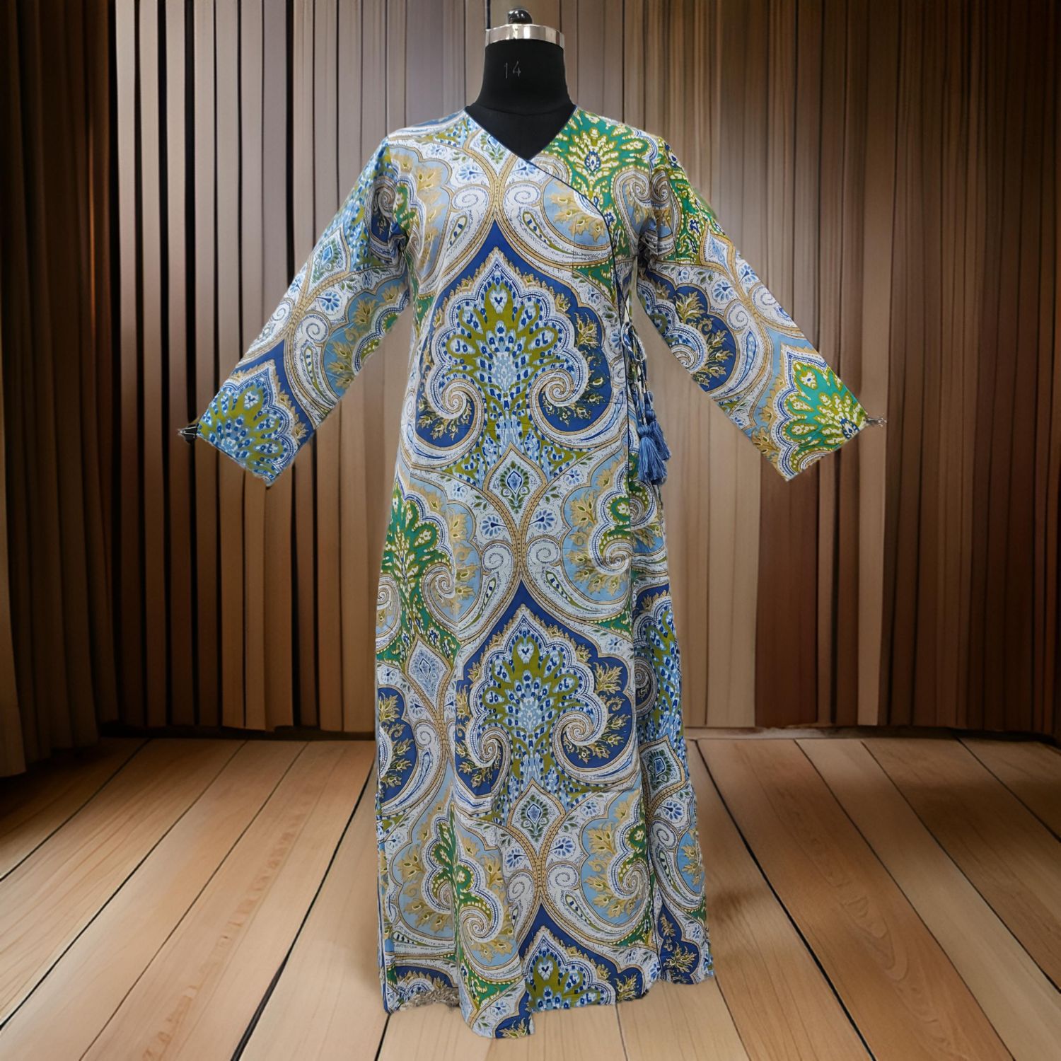 2XL/3XL Qifa Green Printed Cotton Dress 57" Long Jalabiya