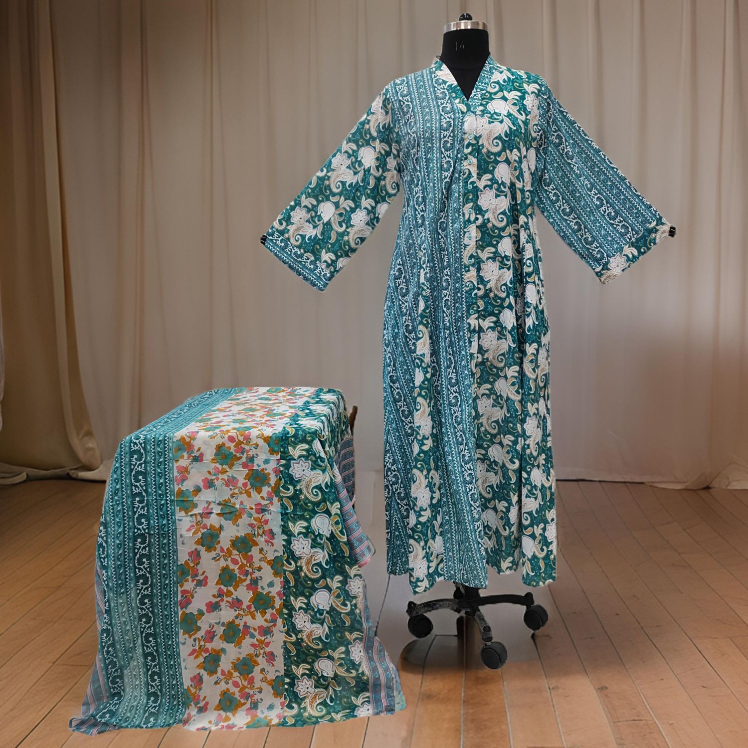 S/M Ayana Printed Cotton Dress 57" Long Jalabiya With Sheila