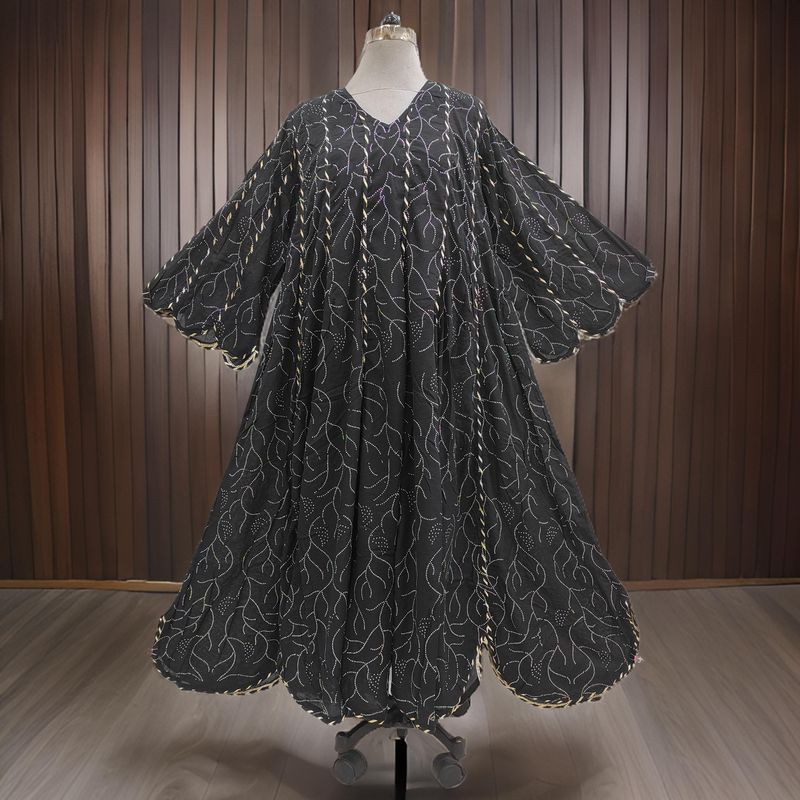 S/M Meher Crystal Black Printed Cotton  Dress 56" Long Jalabiya