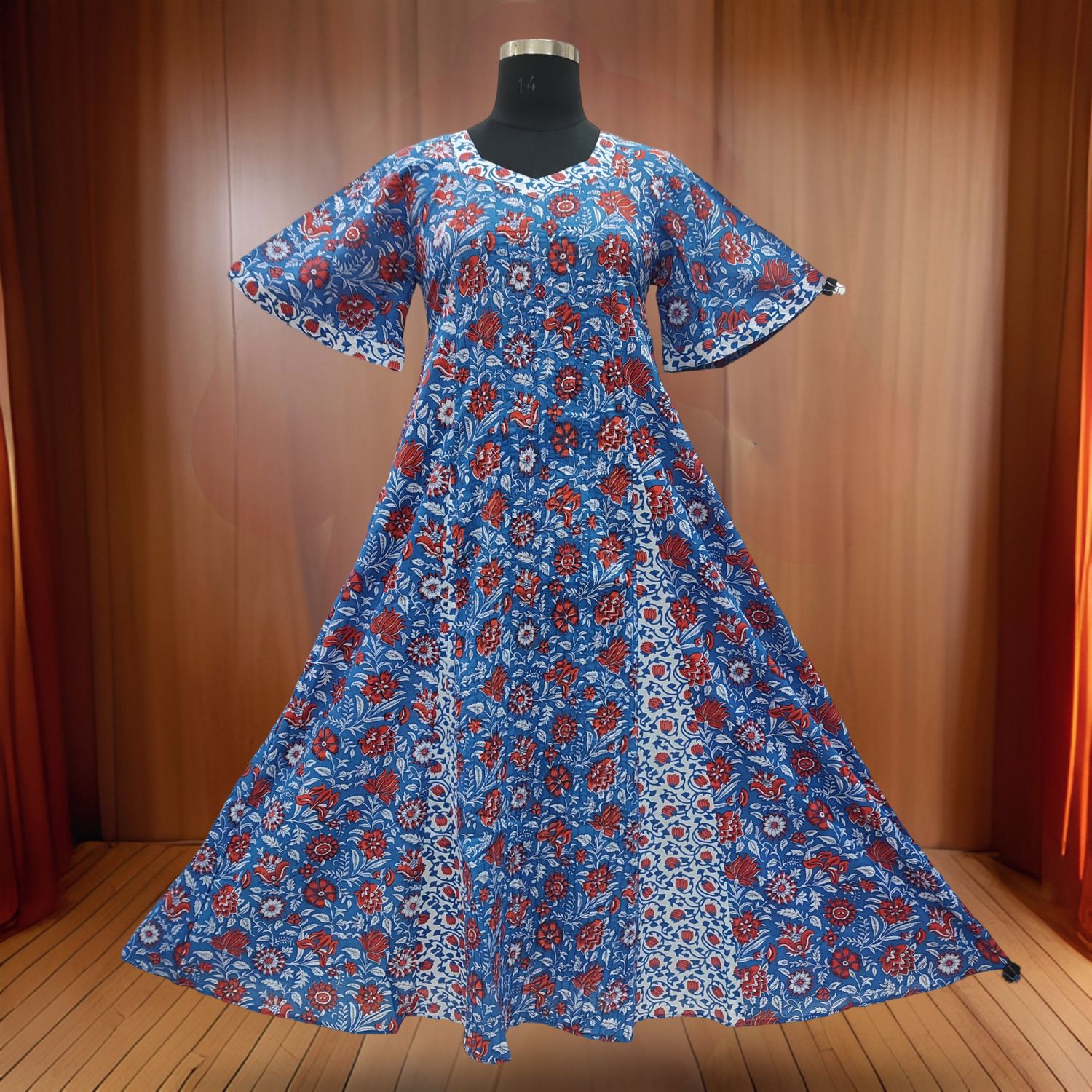 L/XL Marya Printed Cotton Dress 57" Short Sleeves Jalabiya