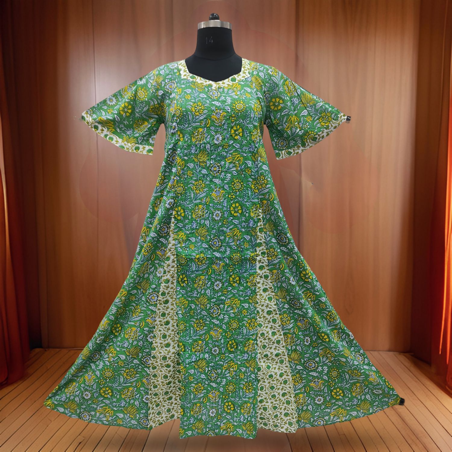 S/M Marya Printed Cotton Dress 57" Short Sleeves Jalabiya