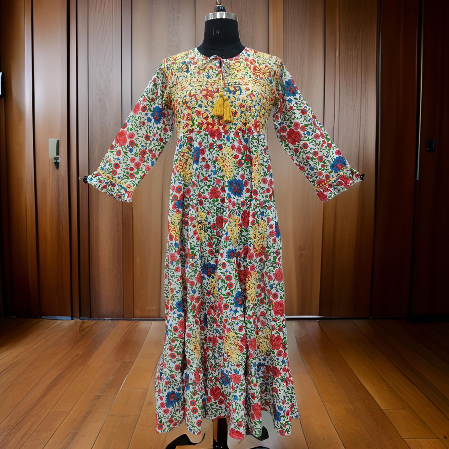 L/XL Razia Embroidery Printed Cotton  Dress 57" Long Jalabiya