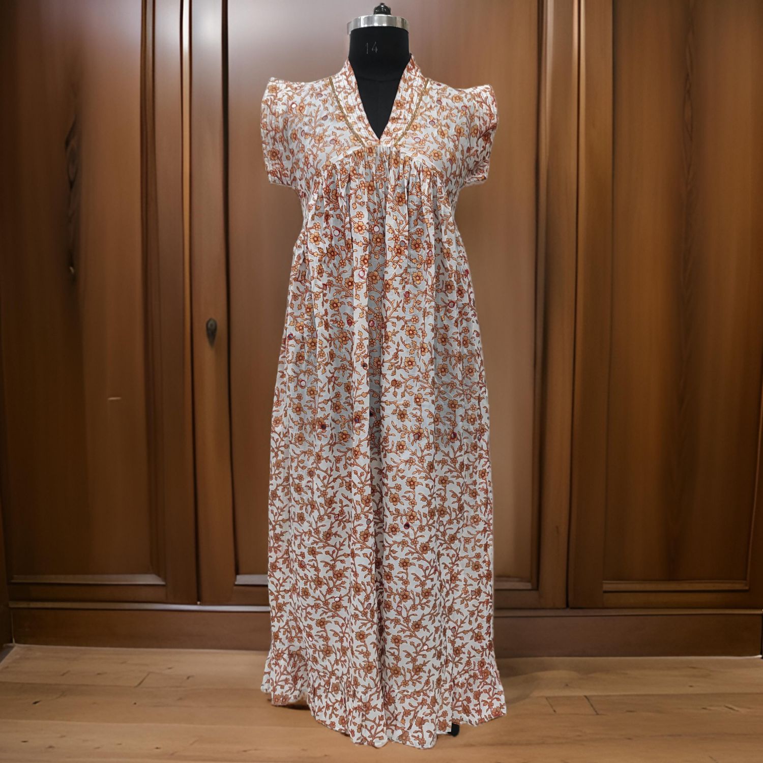 L/XL Amani Gold Cotton Dress 57" Short Sleeves Jalabiya