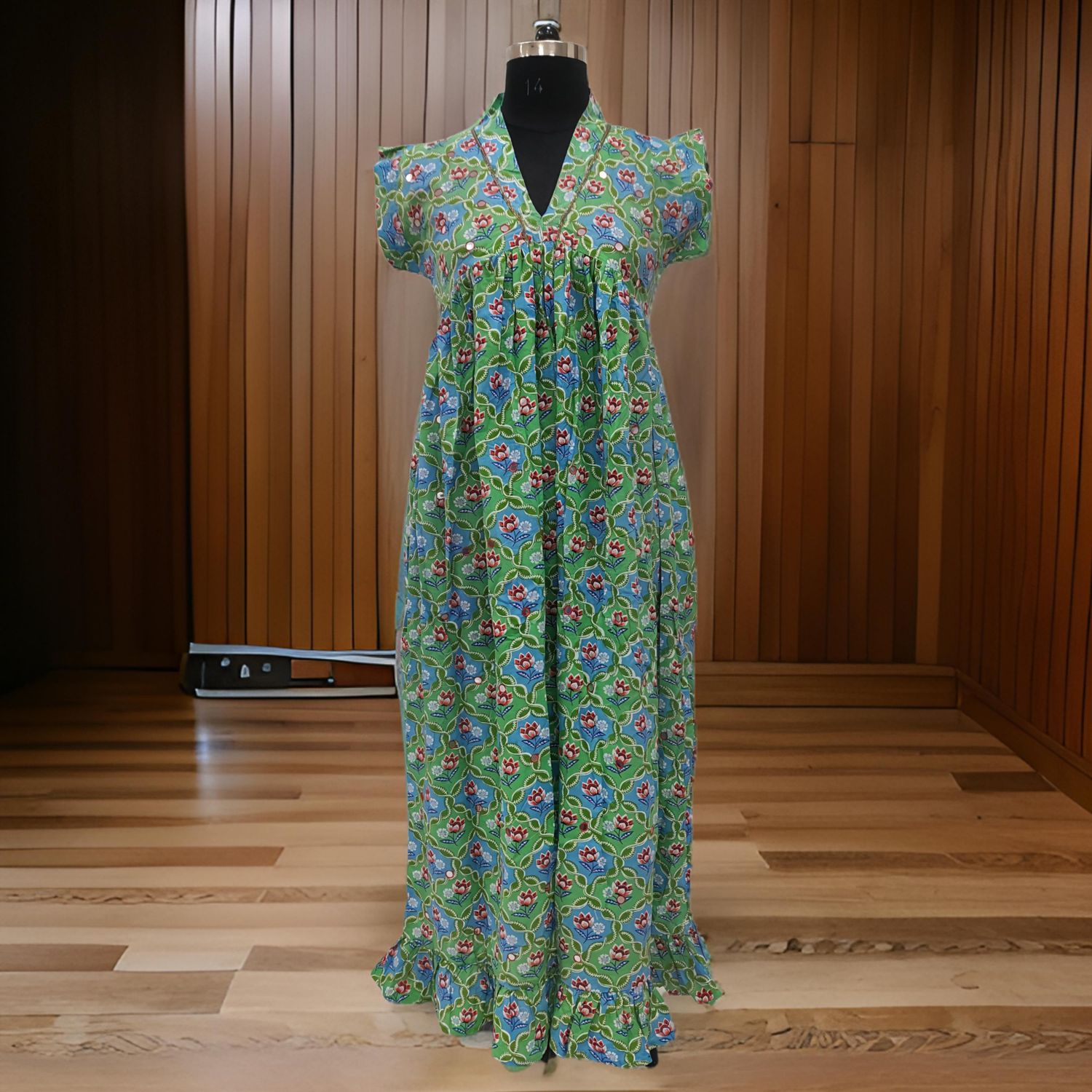 S/M Green and White Amani Printed Cotton Dress 57'' Long Jalabiya