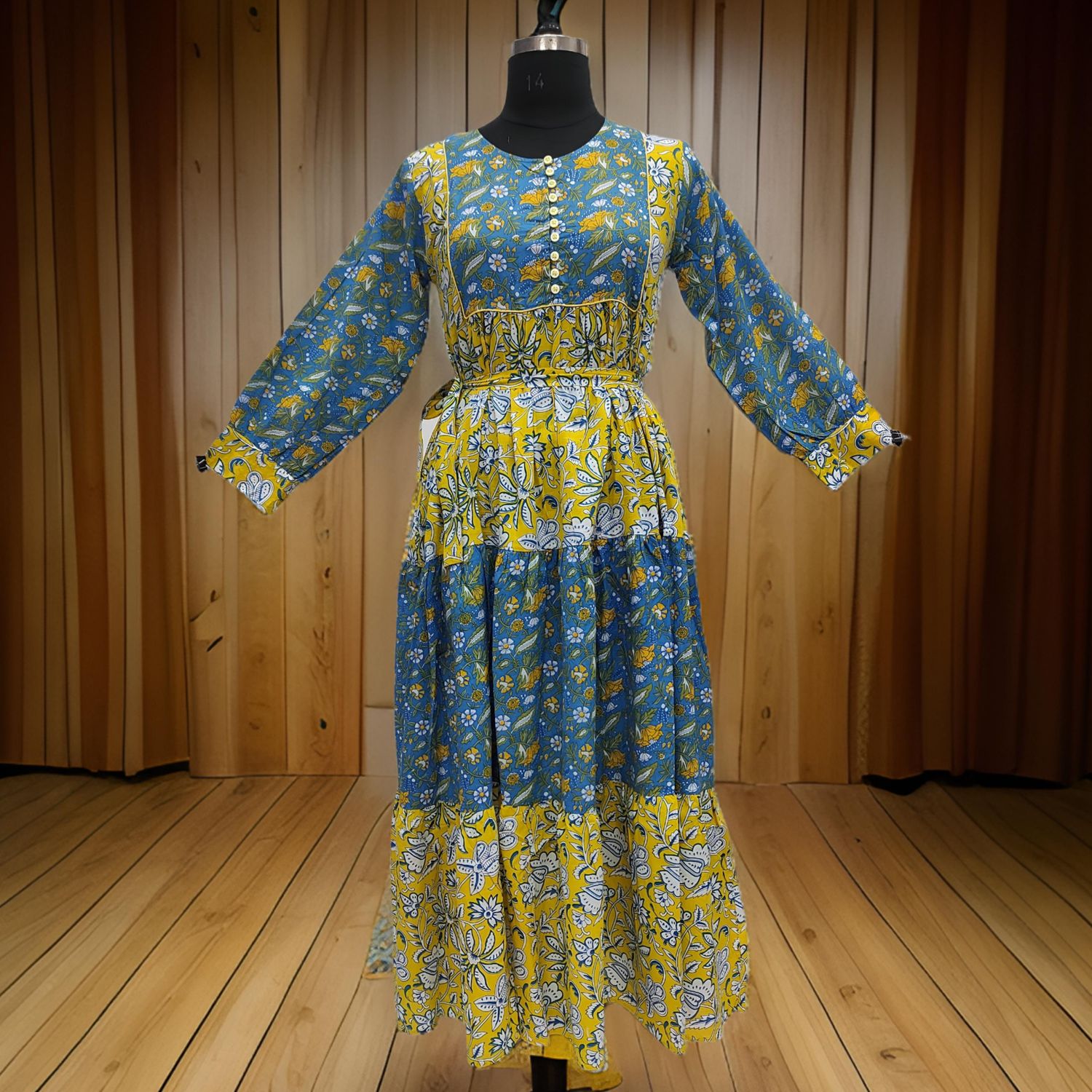 S/M Blue And Yellow Yumna Printed Cotton Dress 57" Long Jalabiya