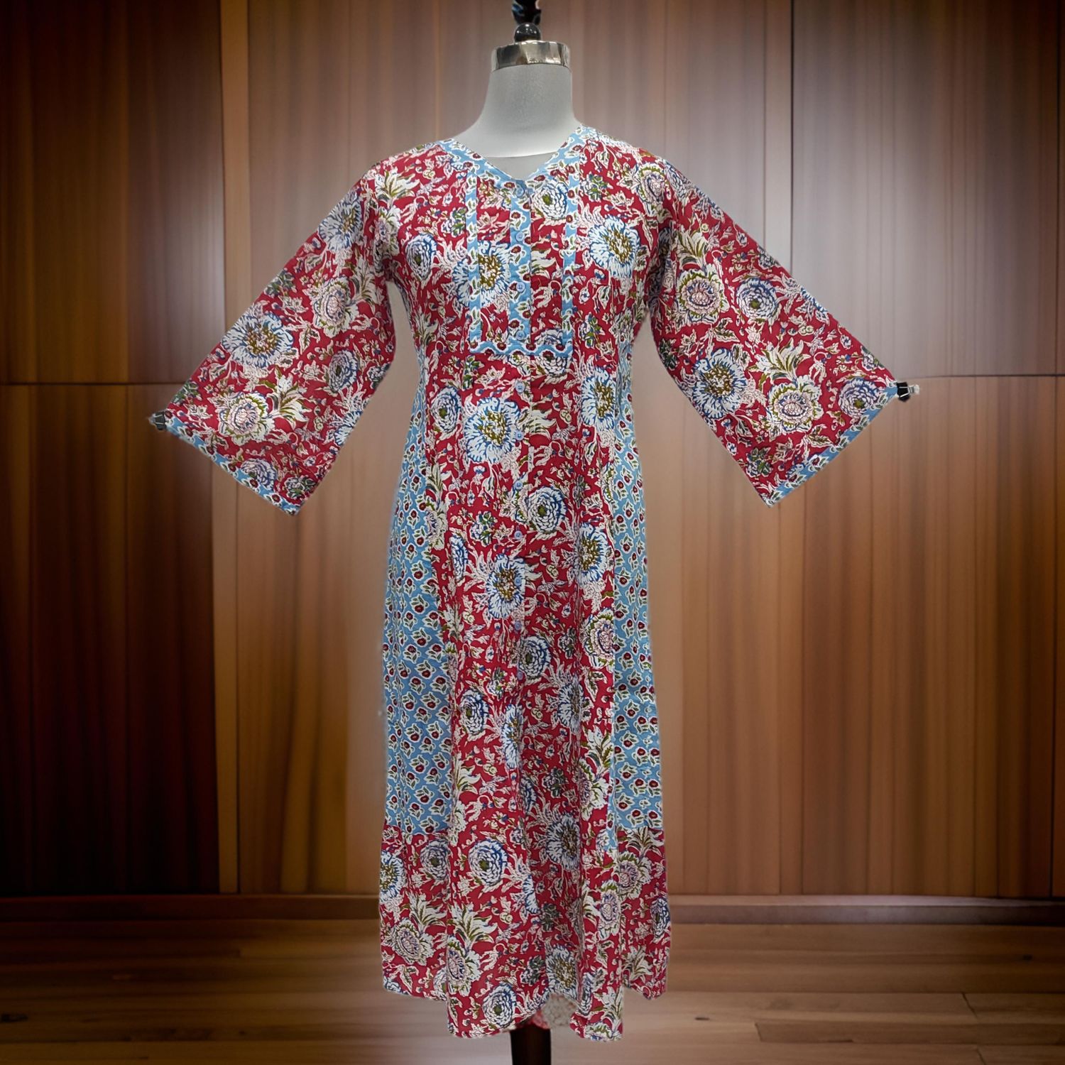 10-11 Year Red And Sky Tulip Printed Cotton Girls Dress 46" Long Jalabiya