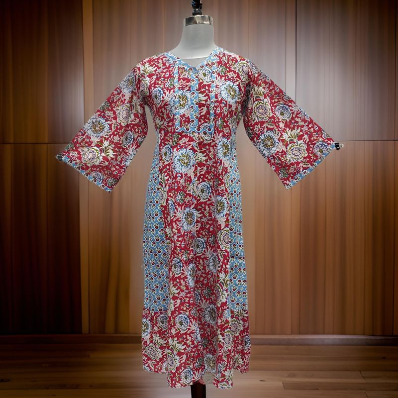 10-11 Year Red And Sky Tulip Printed Cotton Girls Dress 46" Long Jalabiya