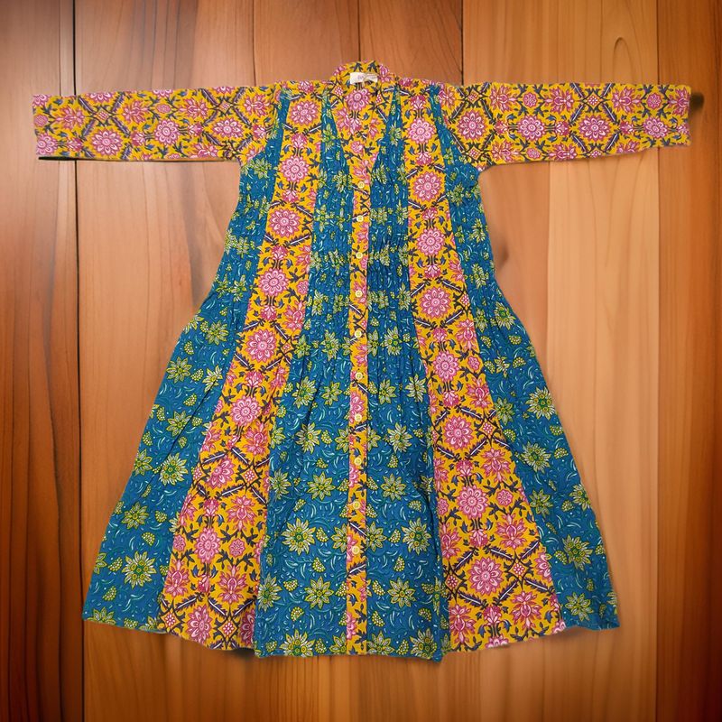 6-7 Year Blue Aqila Printed Cotton Girls Dress 32" Long Jalabiya