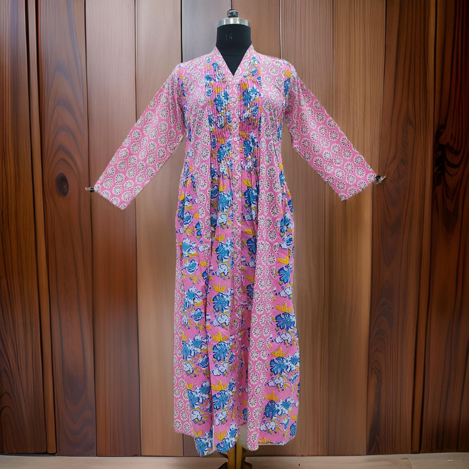 S/M Pink Aqila Printed Cotton Dress 57" Long Jalabiya