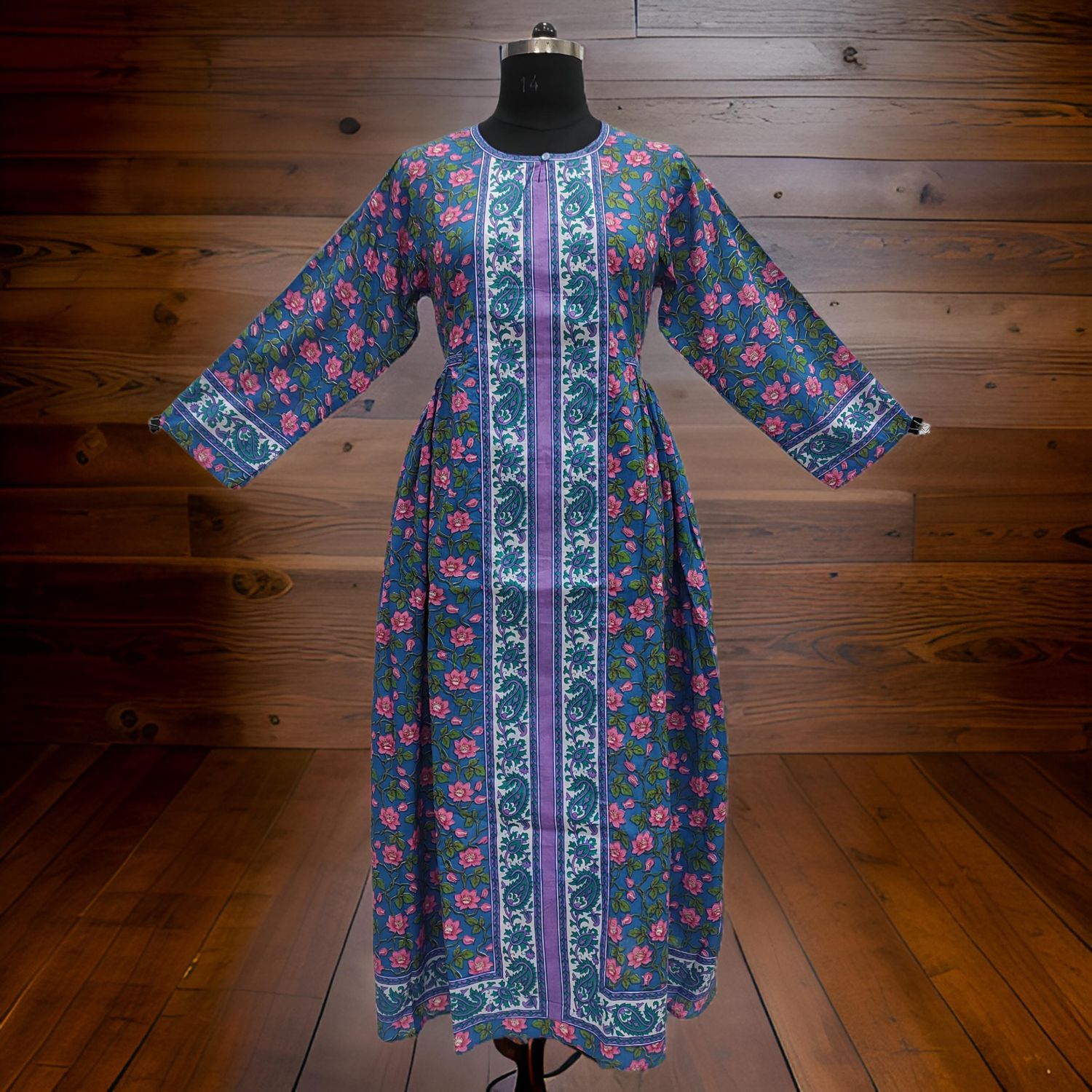 2XL/3XL Blue And Pink Bhopali Printed Cotton Dress 57" Long Jalabiya