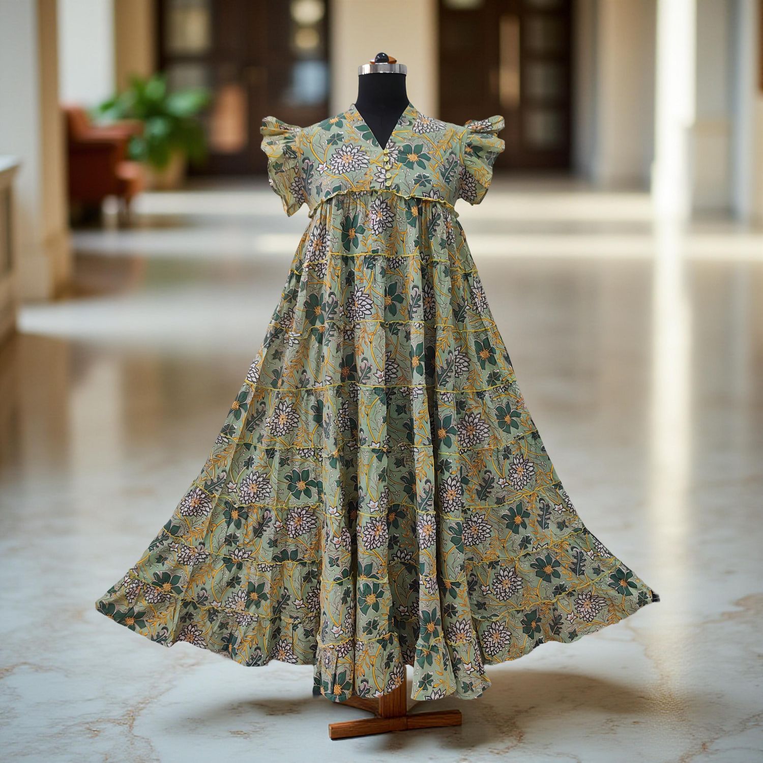 L/XL Qamar Printed Cotton Dress 57"Long Jalabiya