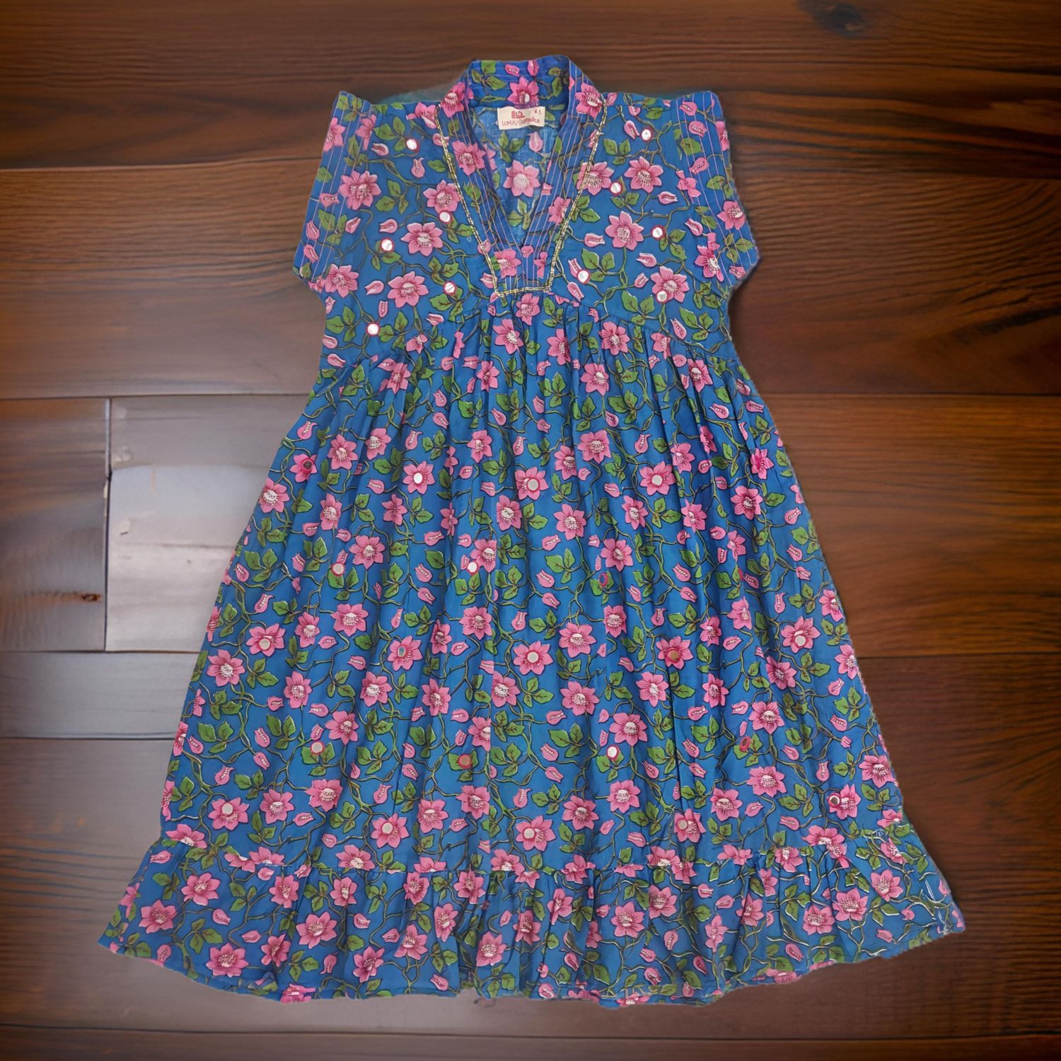 2-3 Year Blue And Pink Amani Printed Cotton Girls Dress 30'' Long Jalabiya