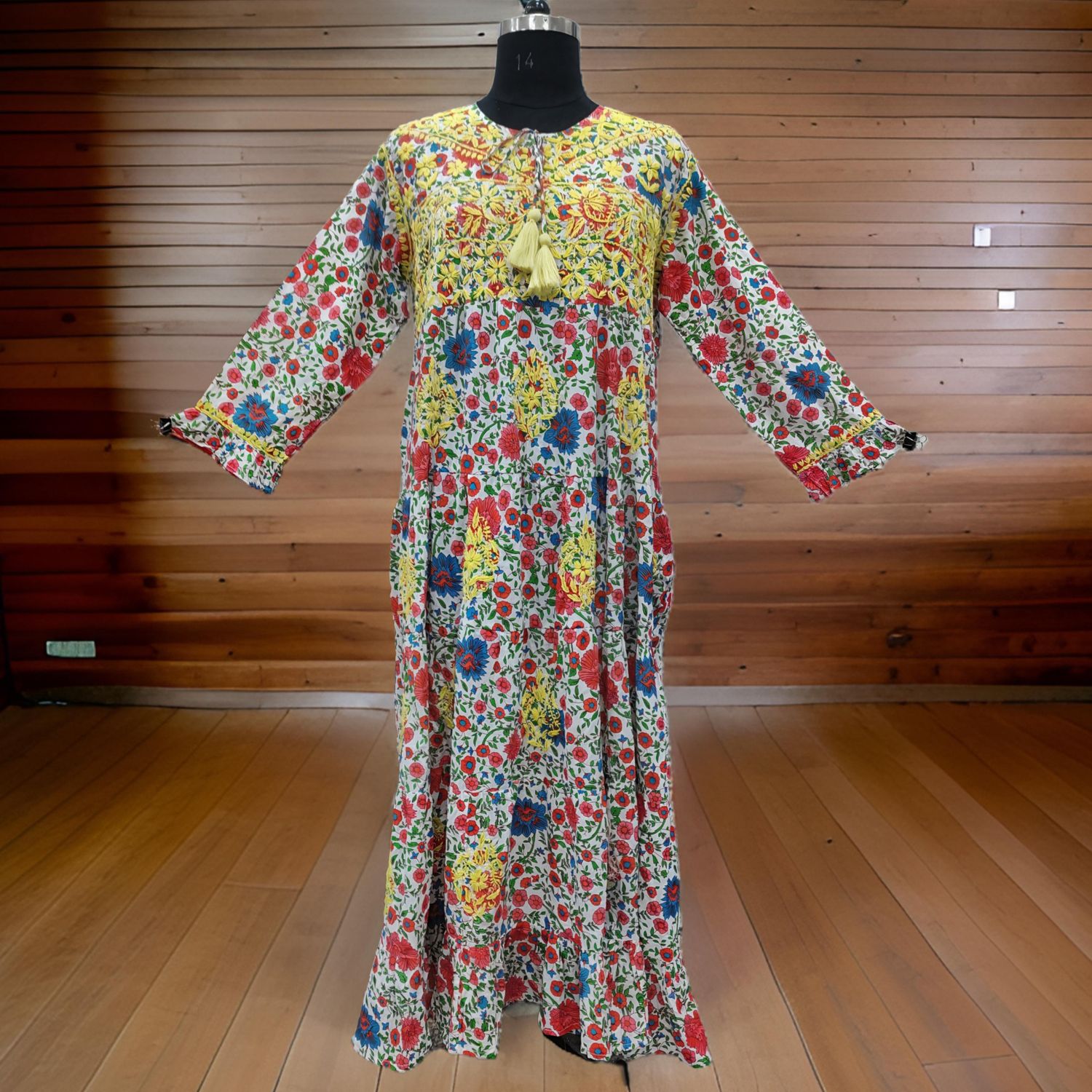 XS/S Razia Embroidery Printed Cotton  Dress 54" Long Jalabiya