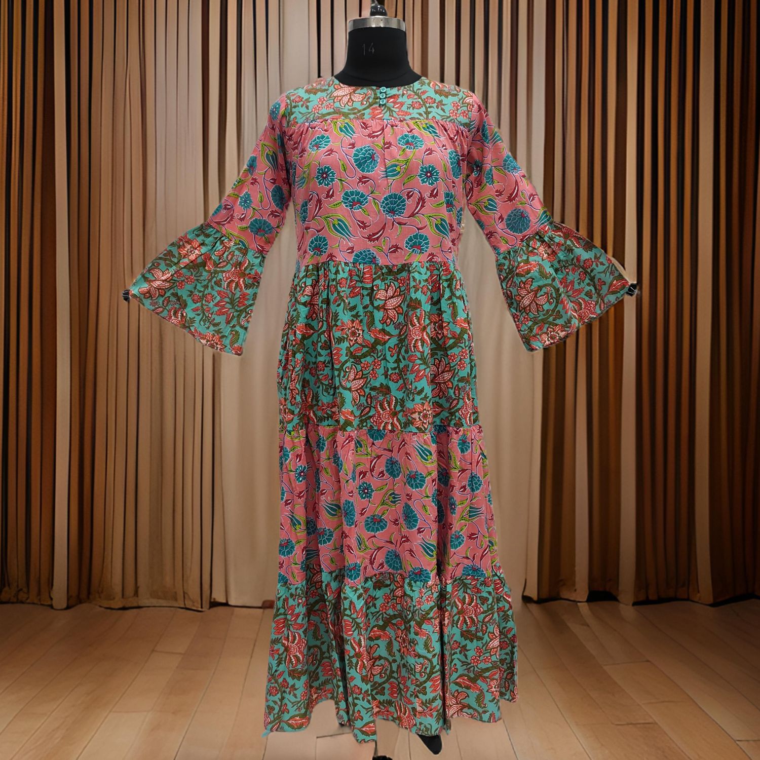 S/M Green And Pink Moon Printed Cotton Dress 57" Long Jalabiya