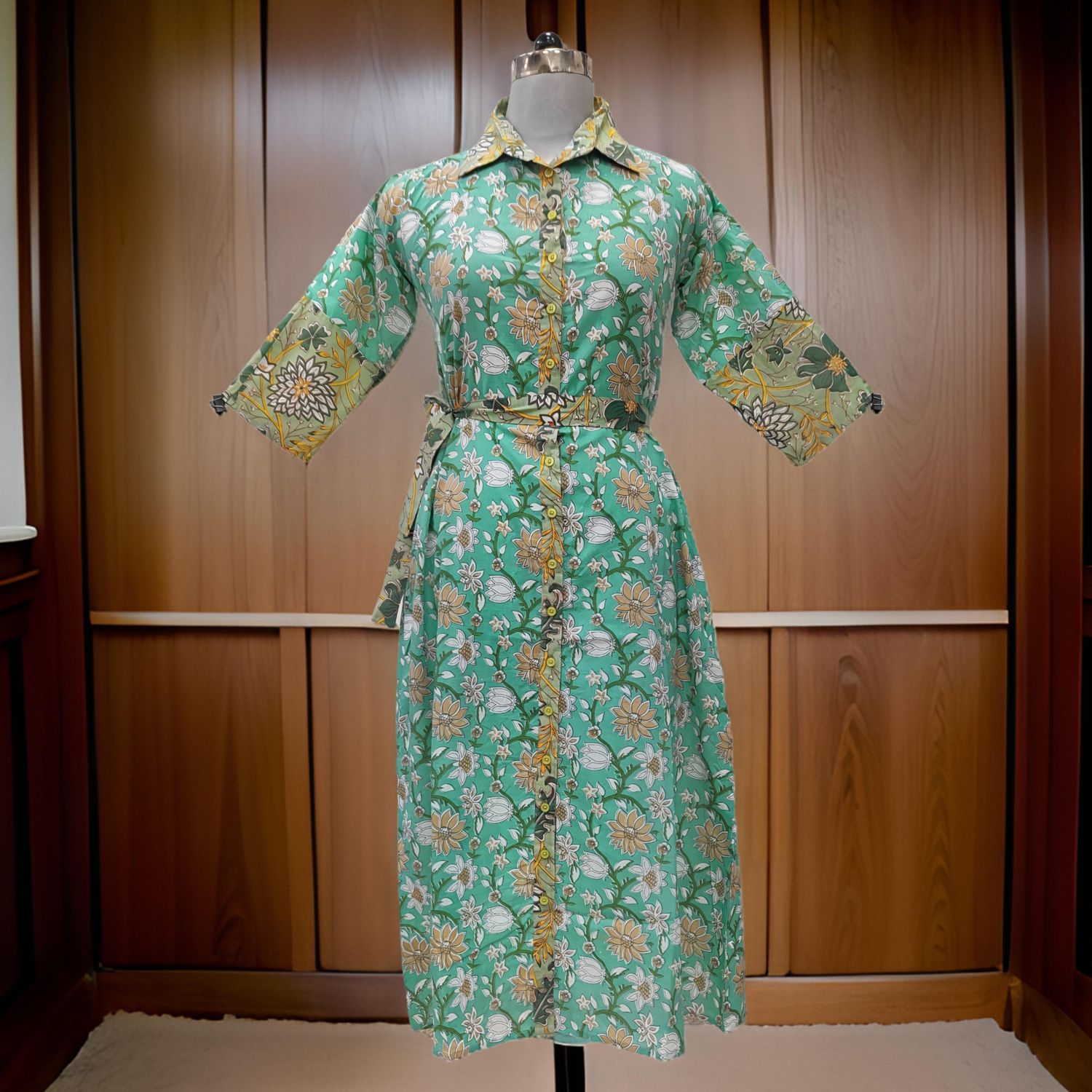 10-11 Year Cyan And Green Tansy Printed Cotton Girls Dress 46" Long Jalabiya