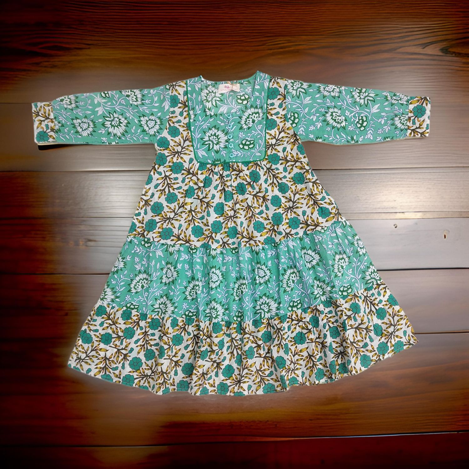 2-3 Year Cyan And White Yumna Printed Cotton Girls Dress 30" Long Jalabiya