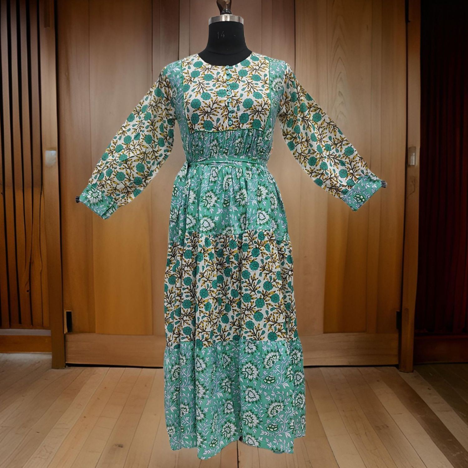 S/M White And Cyan Yumna Printed Cotton Dress 57" Long Jalabiya