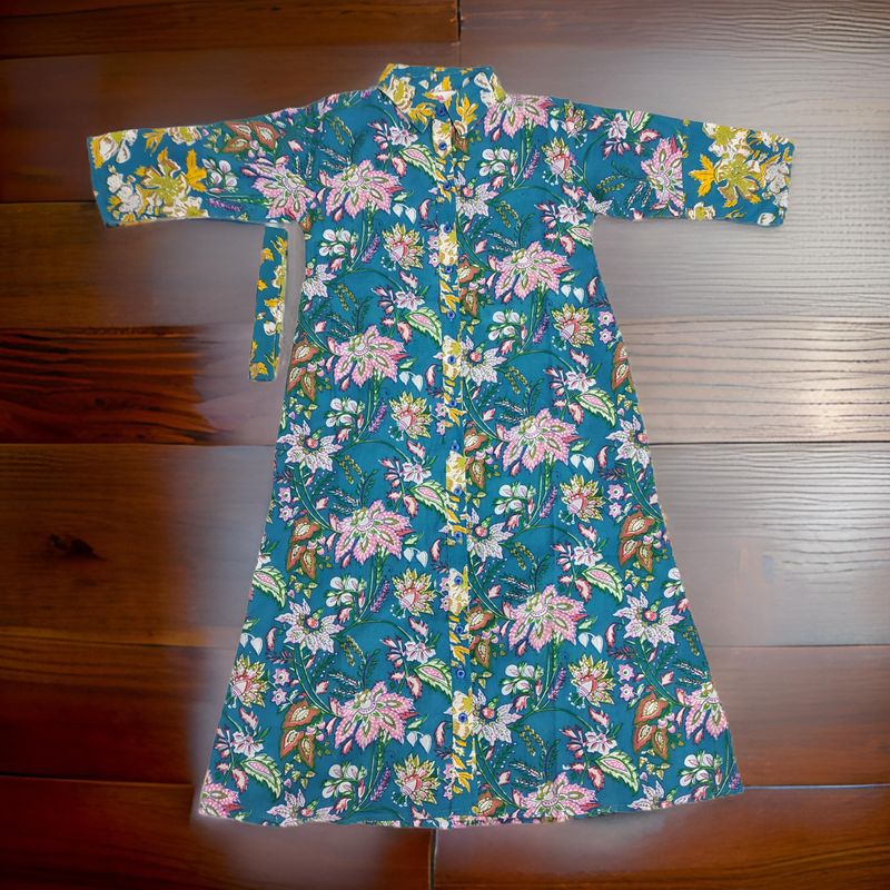 1-2 Year Blue And Yellow Tansy Printed Cotton Girls Dress 26" Long Jalabiya