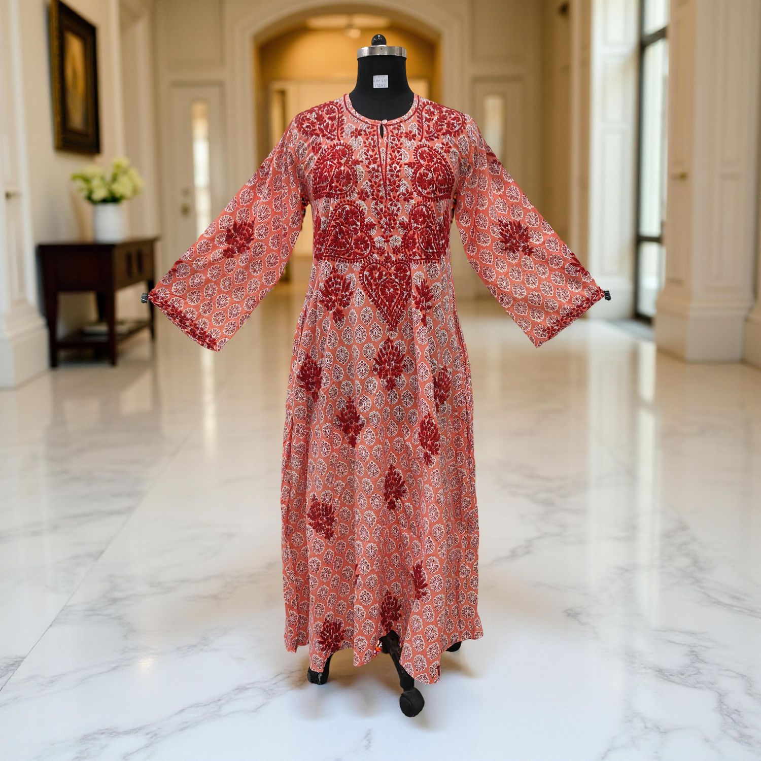 S/M Fahar Embroidery Printed Cotton Dress 57" Long Jalabiya