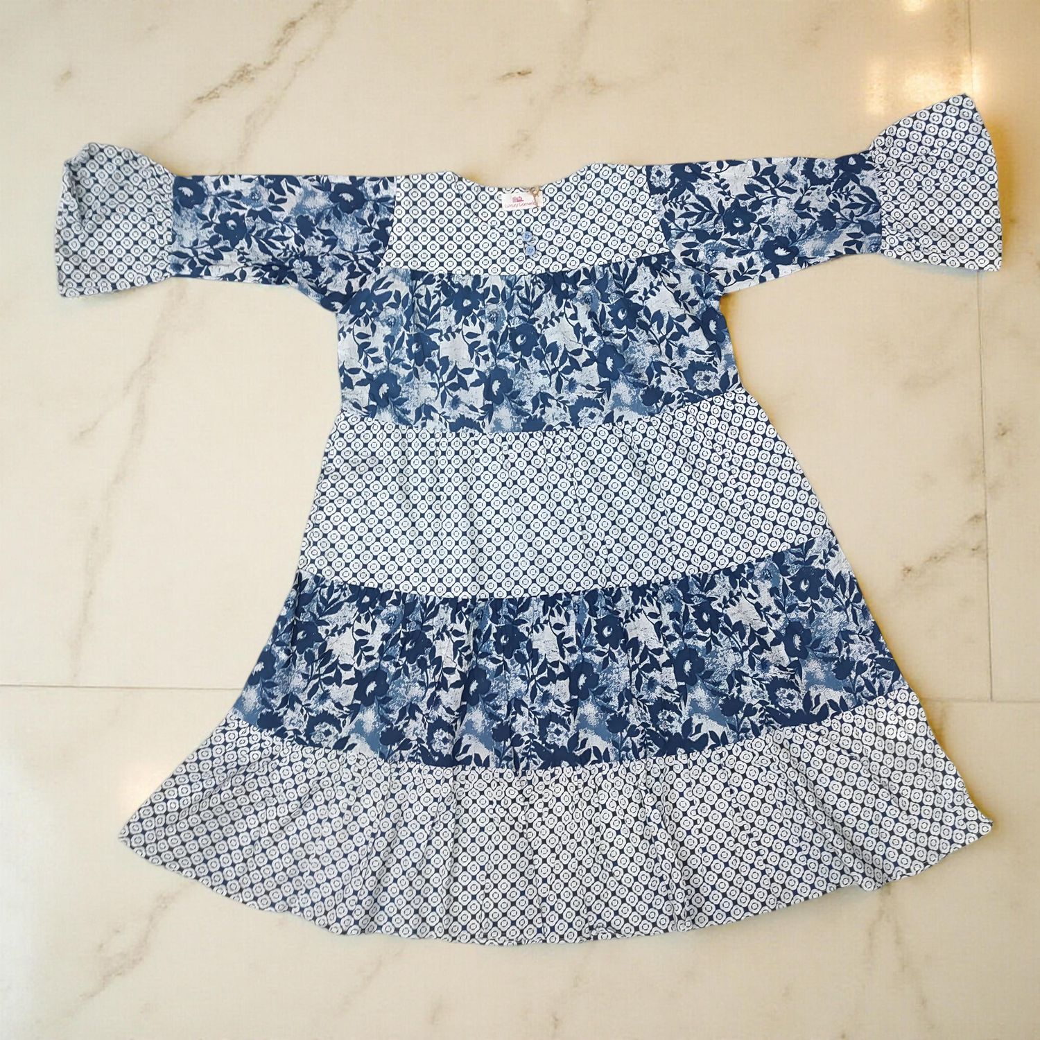 1-2 Year Moon White And Blue Printed Cotton Girls Dress 24" Long Jalabiya