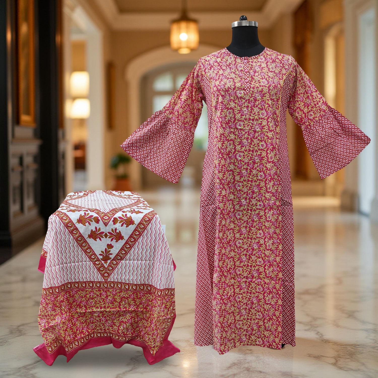 L/XL Marry Printed Cotton Dress 57" Long Jalabiya With Sheila