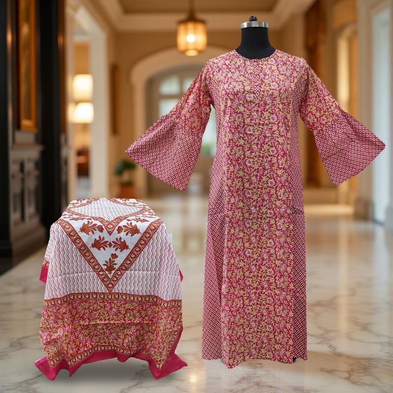 L/XL Marry Printed Cotton Dress 57" Long Jalabiya With Sheila