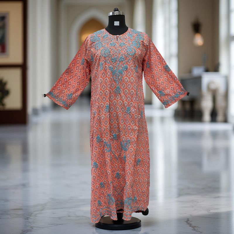 L/XL Fahar Embroidery Printed Cotton Dress 57" Long Jalabiya