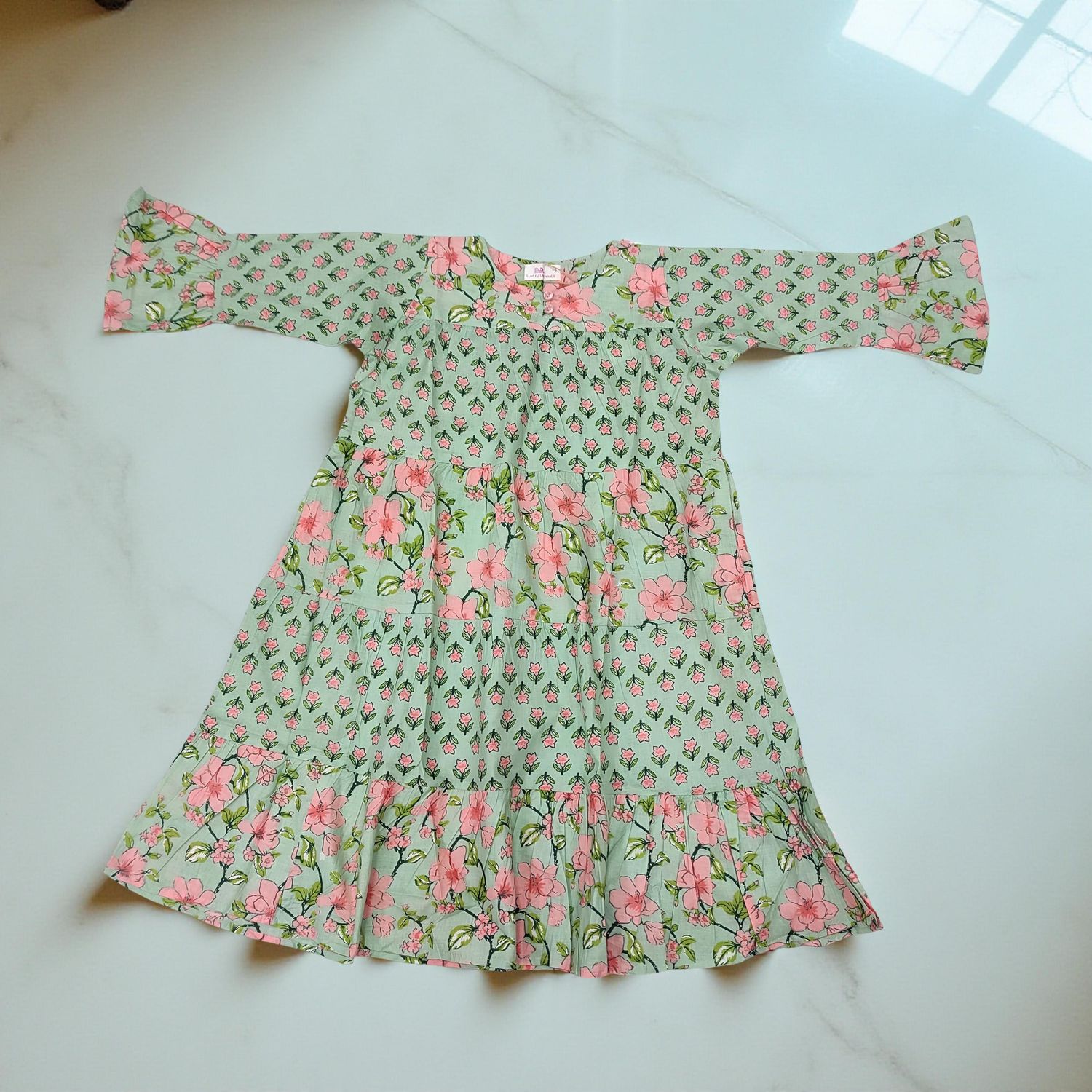 2-3 Year Green And Peach Moon Printed Cotton Girls Dress 30" Long Jalabiya