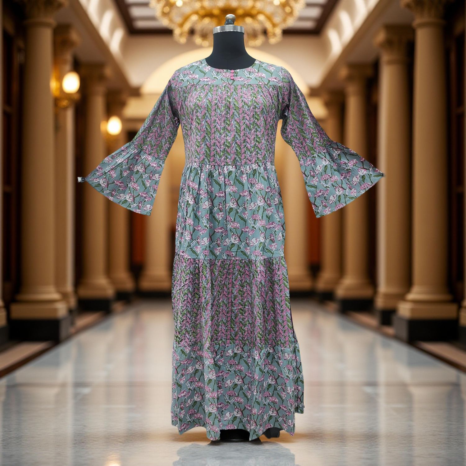 XS/S Gray And Pink Moon Printed Cotton Dress 54" Long Jalabiya