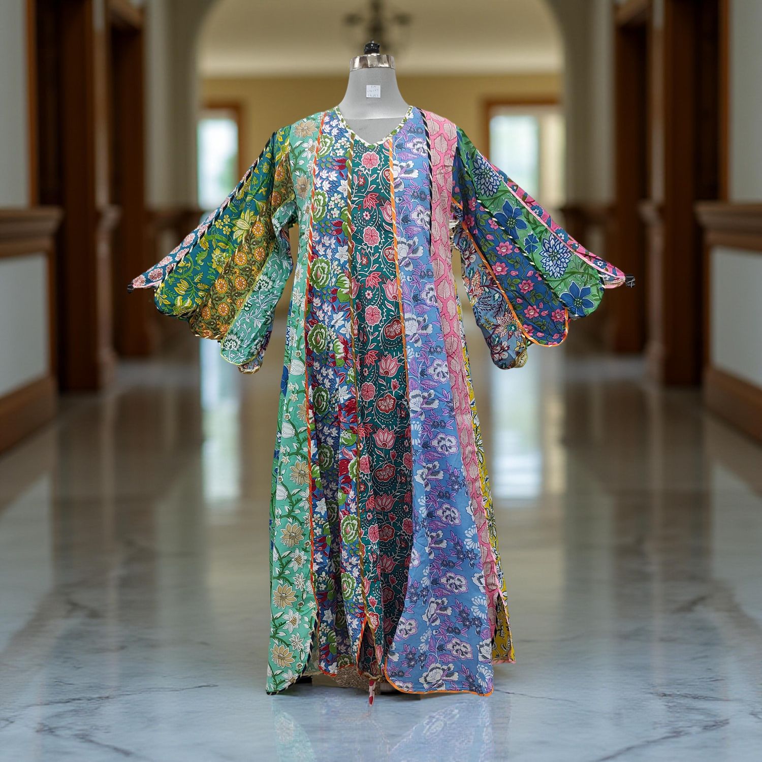 S/M Meher Multi Printed Cotton Dress 57" Long Jalabiya