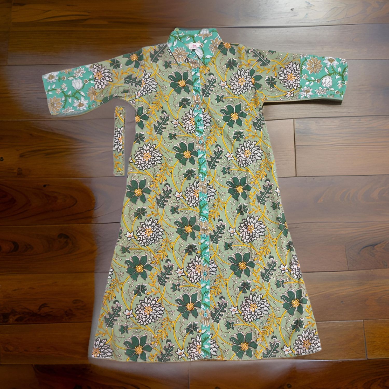 8-9 Year Green And Cyan Tansy Printed Cotton Girls Dress 42" Long Jalabiya
