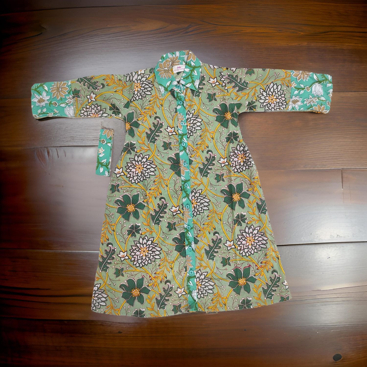 1-2 Year Green And Cyan Tansy Printed Cotton Girls Dress 26" Long Jalabiya