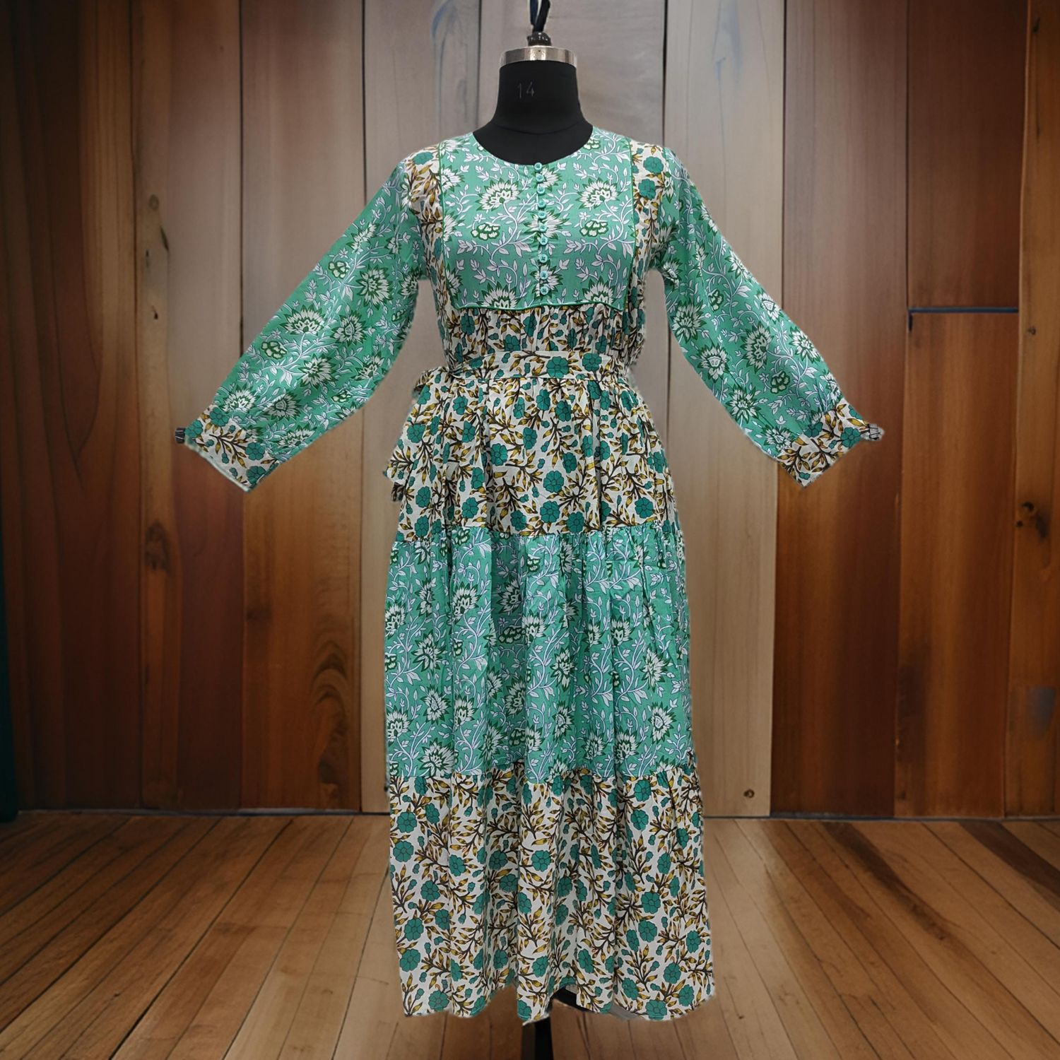 S/M Cyan And White Yumna Printed Cotton Dress 57" Long Jalabiya