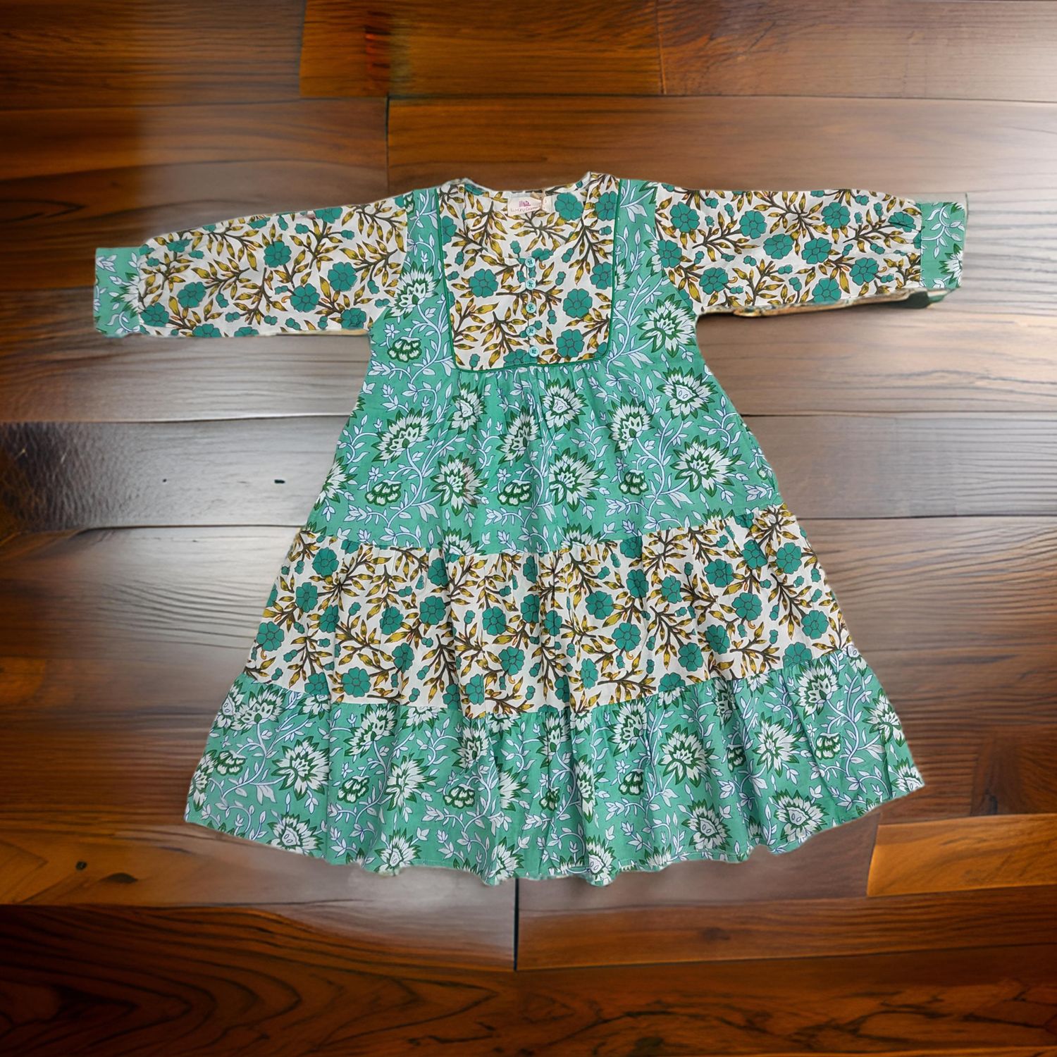 1-2 Year White And Cyan Yumna Printed Cotton Girls Dress 26" Long Jalabiya