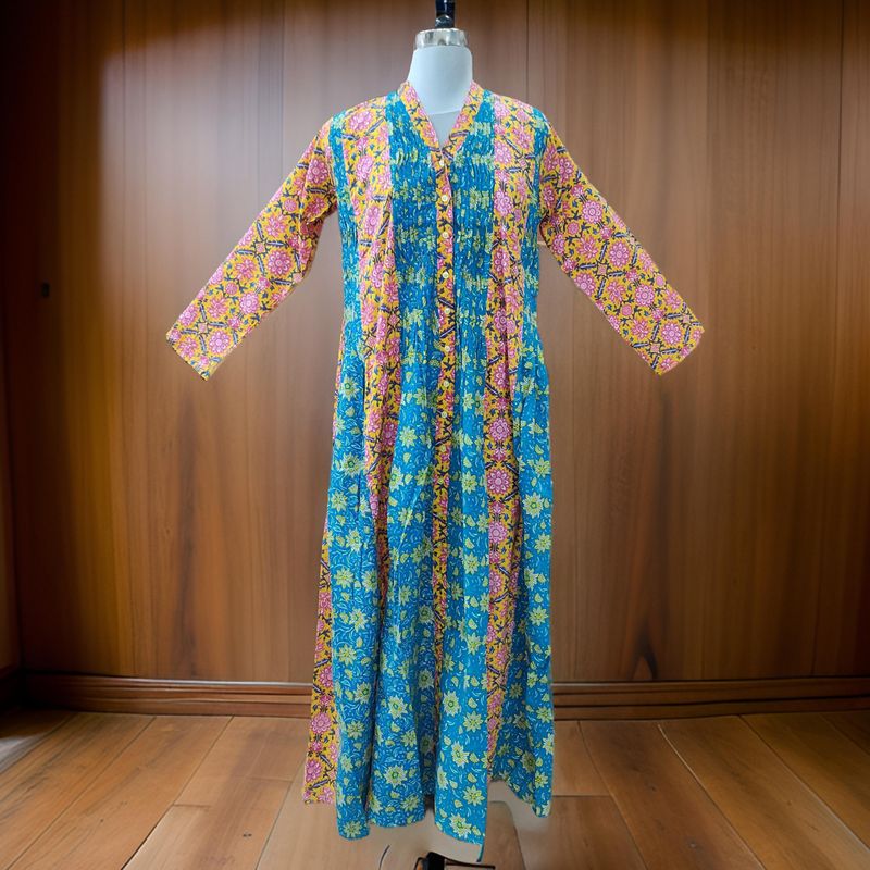 10-11 Year Blue Aqila Printed Cotton Girls Dress 46" Long Jalabiya