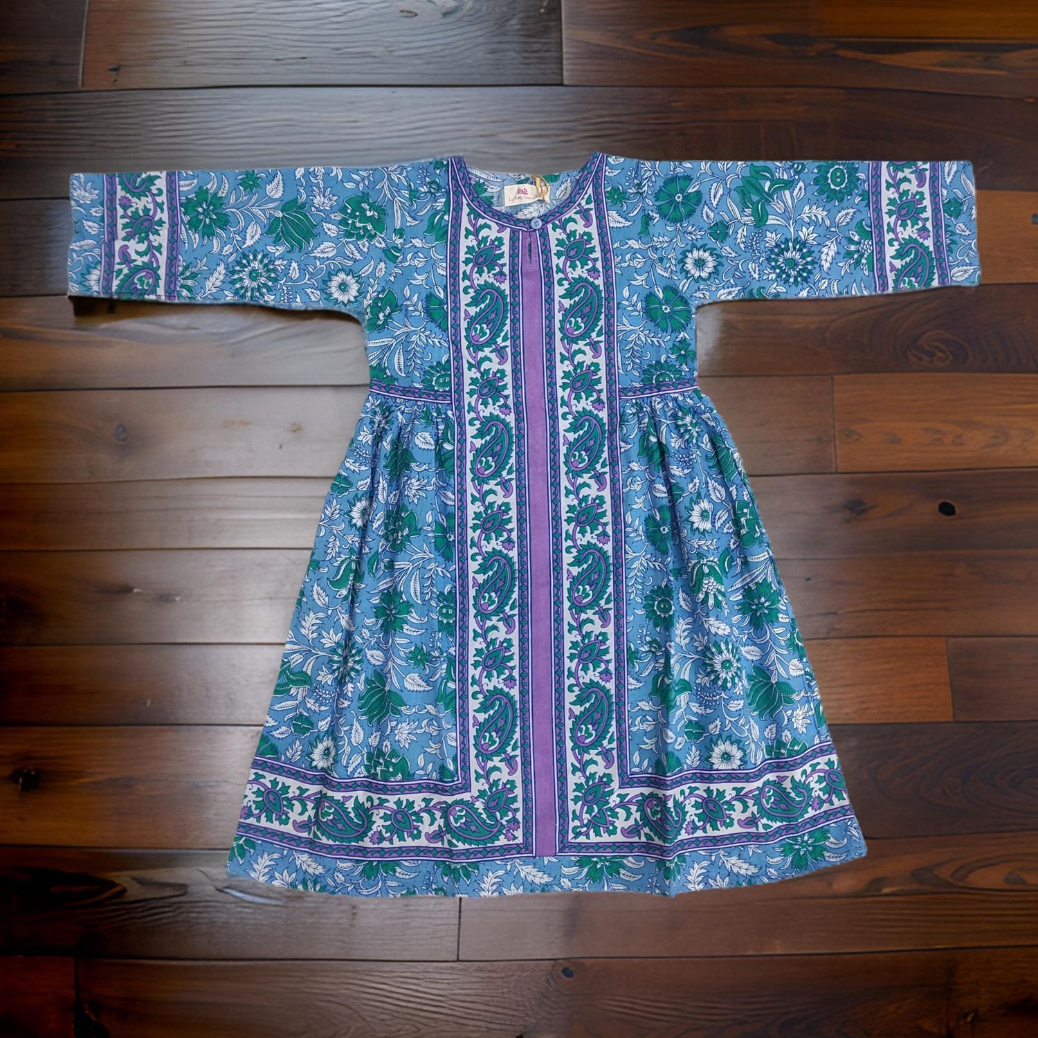 2-3 Year Blue And White Bhopali Printed Cotton Girls Dress 30" Long Jalabiya