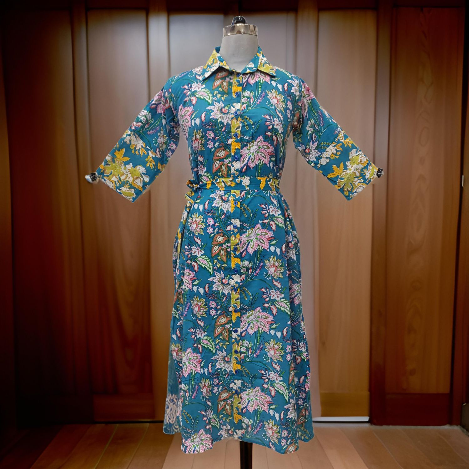 10-11 Year Blue And Yellow Tansy Printed Cotton Girls Dress 46" Long Jalabiya