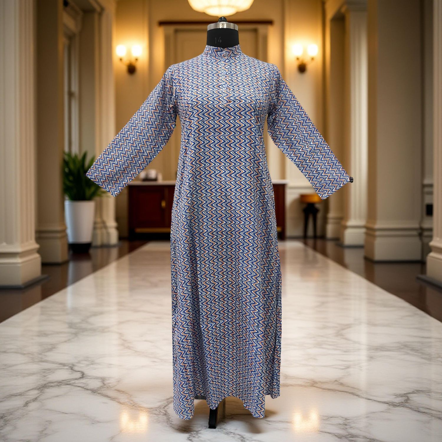 S-M Aya Printed Cotton Dress 57" Long Jalabiya